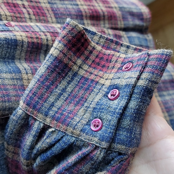 Maison 123 Plaid Burgundy Blue Ruffle Wool Blend Blouse Size Medium - Picture 6 of 15